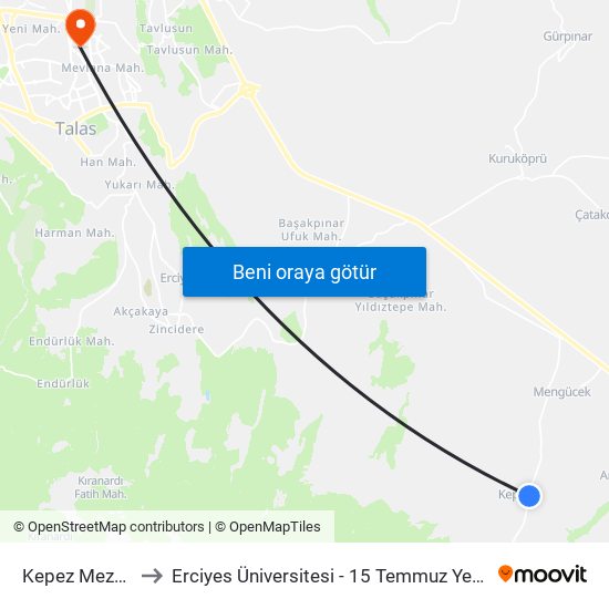 Kepez Mezarlik to Erciyes Üniversitesi - 15 Temmuz Yerleşkesi map