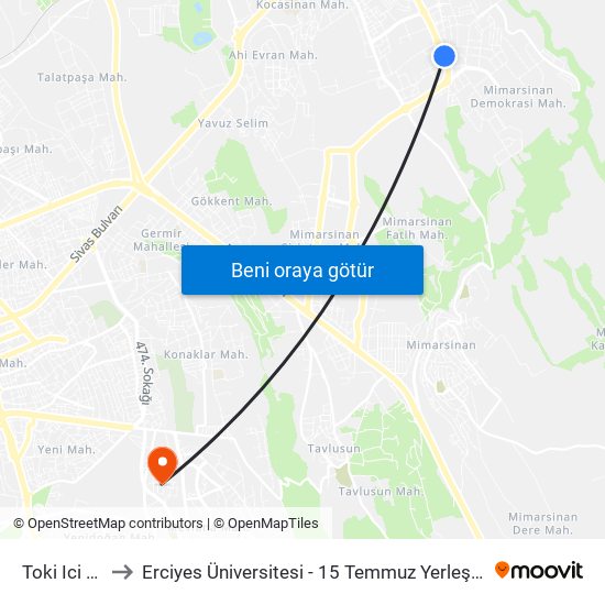Toki Ici 18 to Erciyes Üniversitesi - 15 Temmuz Yerleşkesi map
