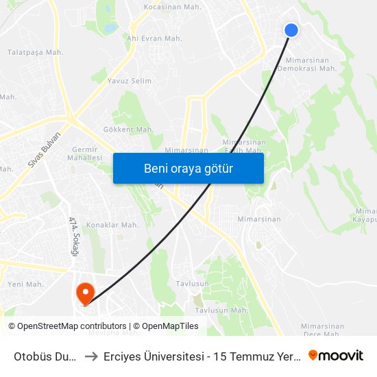 Otobüs Durağı to Erciyes Üniversitesi - 15 Temmuz Yerleşkesi map