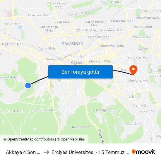 Akkaya 4 Son Durak to Erciyes Üniversitesi - 15 Temmuz Yerleşkesi map