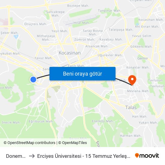 Donemec to Erciyes Üniversitesi - 15 Temmuz Yerleşkesi map