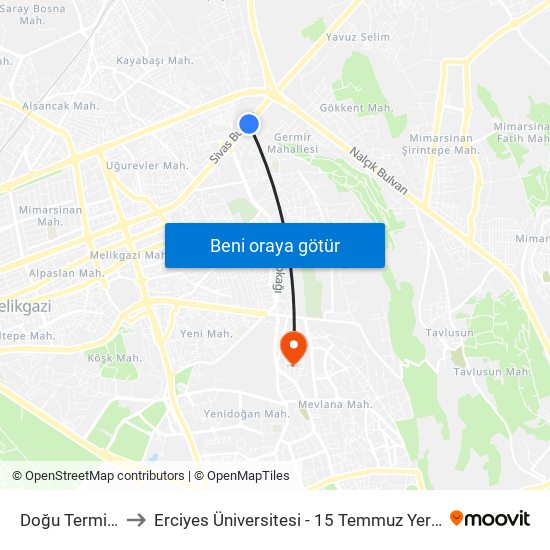 Doğu Terminali to Erciyes Üniversitesi - 15 Temmuz Yerleşkesi map