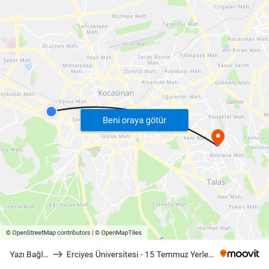 Yazı Bağları to Erciyes Üniversitesi - 15 Temmuz Yerleşkesi map