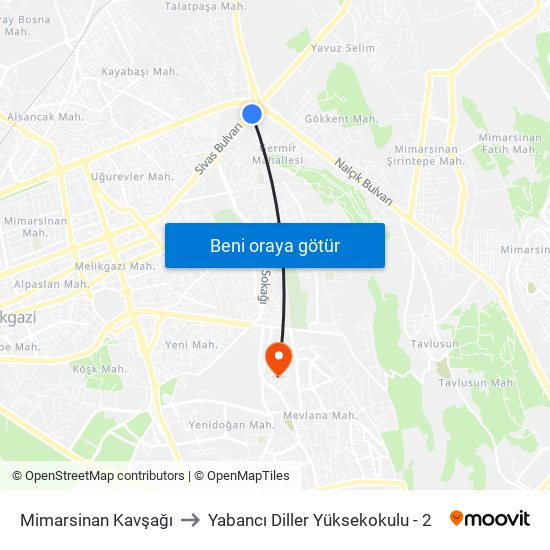 Mimarsinan Kavşağı to Yabancı Diller Yüksekokulu - 2 map