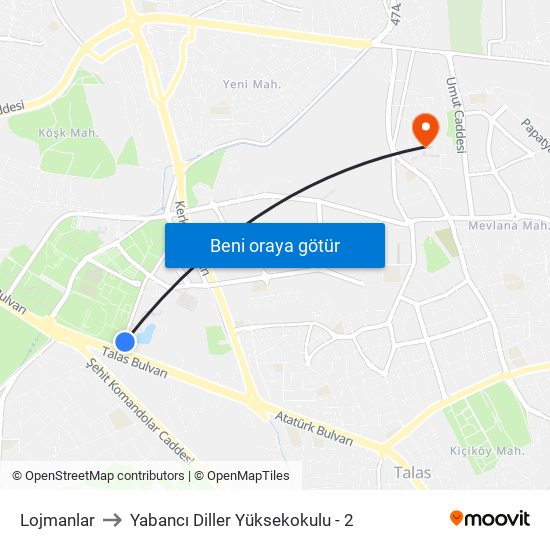 Lojmanlar to Yabancı Diller Yüksekokulu - 2 map