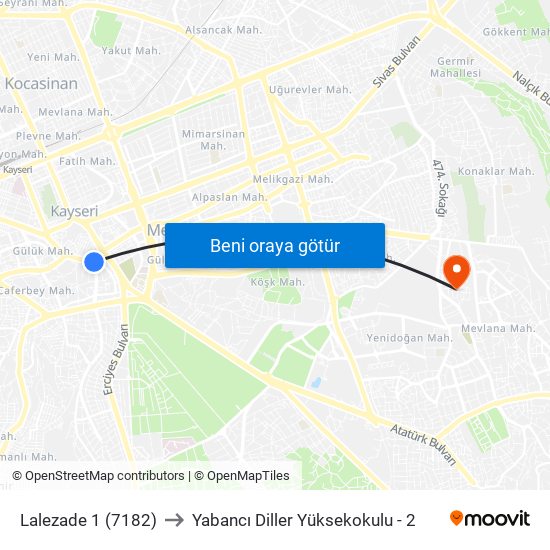 Lalezade 1 (7182) to Yabancı Diller Yüksekokulu - 2 map