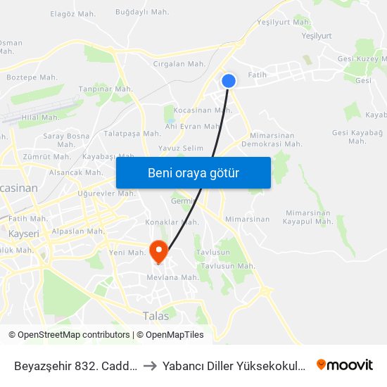 Beyazşehir 832. Cadde 2 to Yabancı Diller Yüksekokulu - 2 map