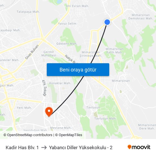 Kadir Has Blv. 1 to Yabancı Diller Yüksekokulu - 2 map