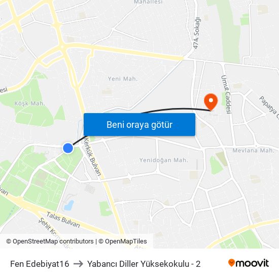 Fen Edebiyat16 to Yabancı Diller Yüksekokulu - 2 map