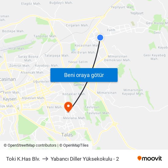 Toki K.Has Blv. to Yabancı Diller Yüksekokulu - 2 map