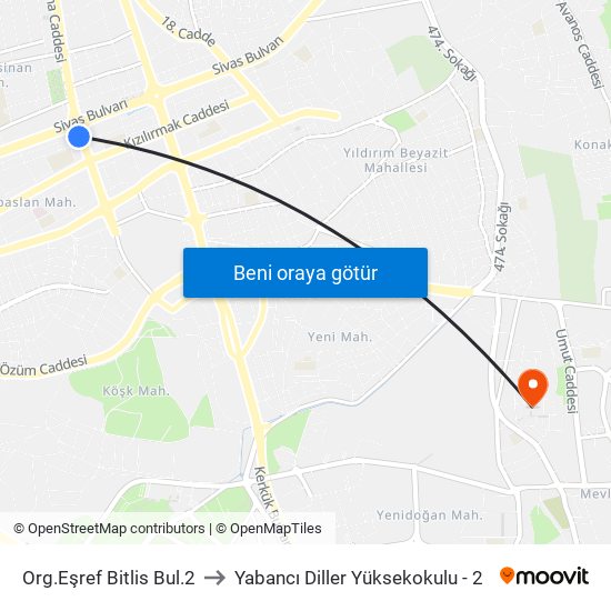 Org.Eşref Bitlis Bul.2 to Yabancı Diller Yüksekokulu - 2 map