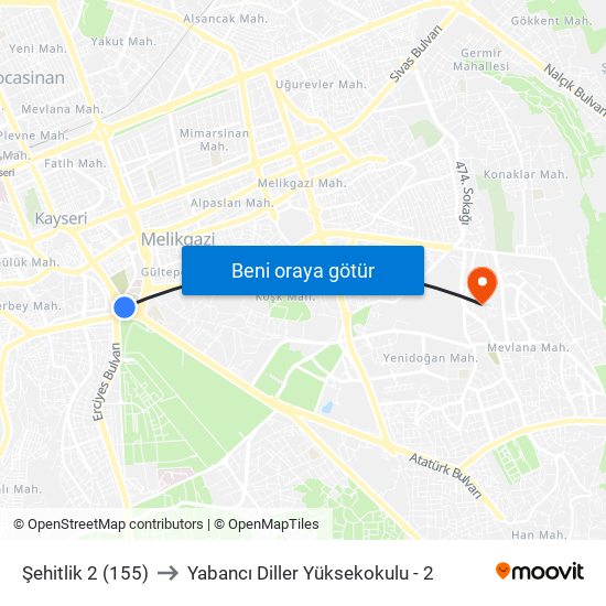 Şehitlik 2 (155) to Yabancı Diller Yüksekokulu - 2 map