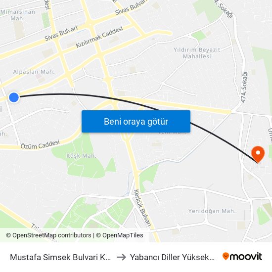 Mustafa Simsek Bulvari Kiler Mrkt. to Yabancı Diller Yüksekokulu - 2 map