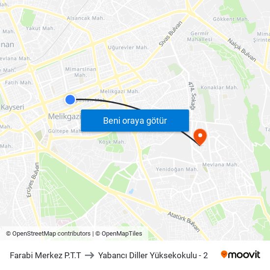 Farabi Merkez P.T.T to Yabancı Diller Yüksekokulu - 2 map