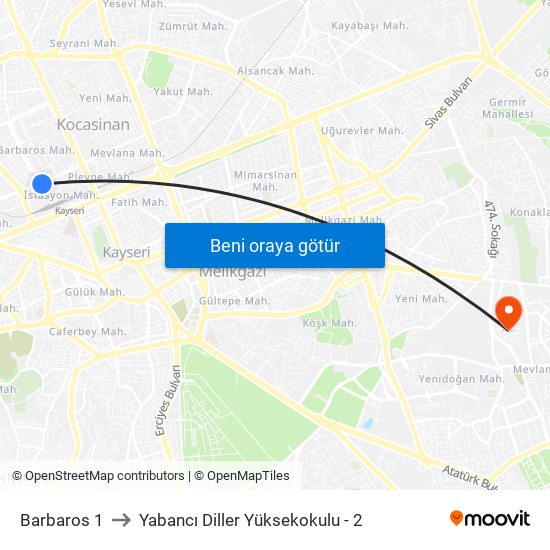 Barbaros 1 to Yabancı Diller Yüksekokulu - 2 map