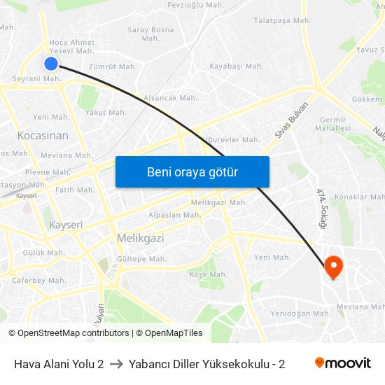 Hava Alani Yolu 2 to Yabancı Diller Yüksekokulu - 2 map