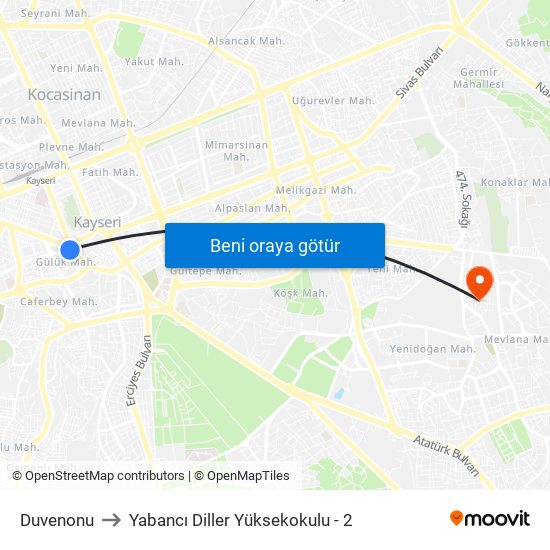 Duvenonu to Yabancı Diller Yüksekokulu - 2 map