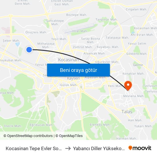 Kocasinan Tepe Evler Son Durak to Yabancı Diller Yüksekokulu - 2 map