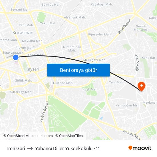 Tren Gari to Yabancı Diller Yüksekokulu - 2 map