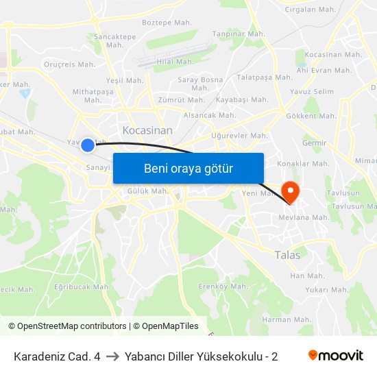 Karadeniz Cad. 4 to Yabancı Diller Yüksekokulu - 2 map