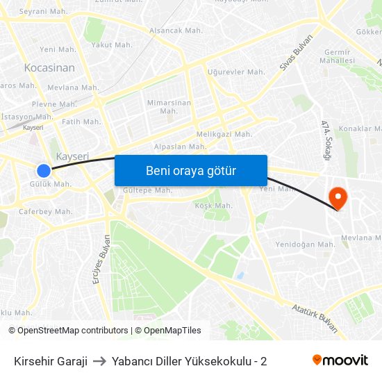 Kirsehir Garaji to Yabancı Diller Yüksekokulu - 2 map