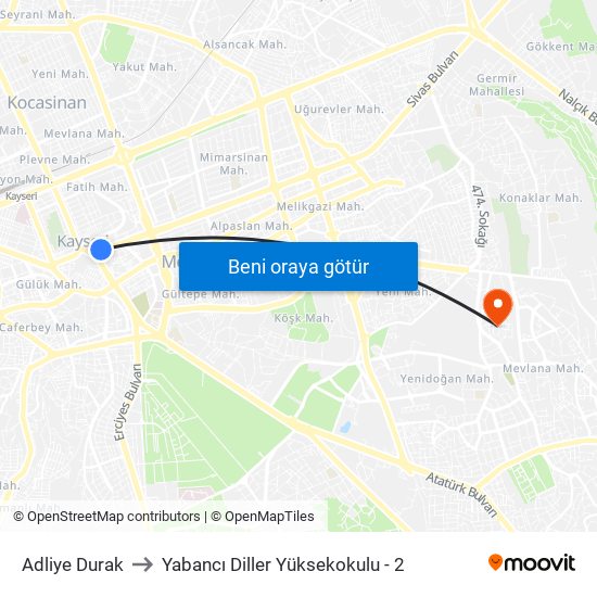 Adliye Durak to Yabancı Diller Yüksekokulu - 2 map