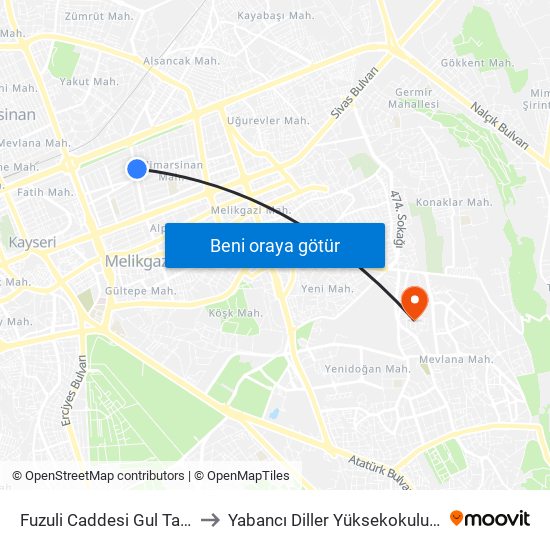 Fuzuli Caddesi Gul Taksi to Yabancı Diller Yüksekokulu - 2 map