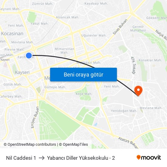 Nil Caddesi 1 to Yabancı Diller Yüksekokulu - 2 map