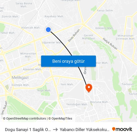 Dogu Sanayi 1 Saglik Ocagi to Yabancı Diller Yüksekokulu - 2 map