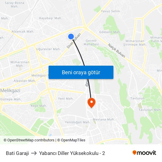 Bati Garaji to Yabancı Diller Yüksekokulu - 2 map