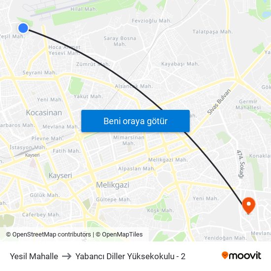 Yesil Mahalle to Yabancı Diller Yüksekokulu - 2 map