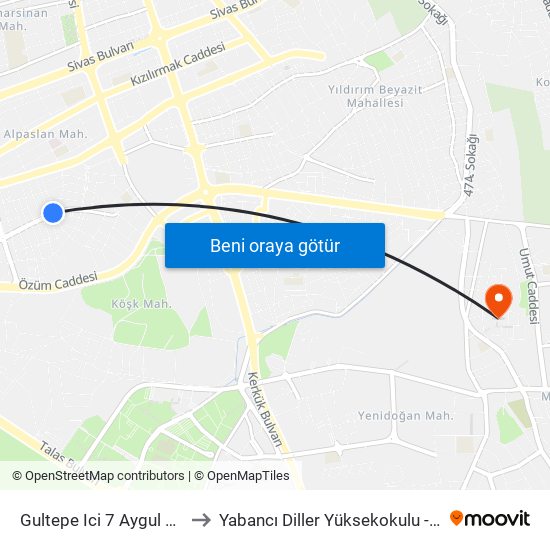 Gultepe Ici 7 Aygul St. to Yabancı Diller Yüksekokulu - 2 map