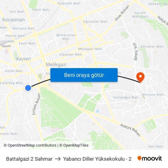 Battalgazi 2 Sahmar to Yabancı Diller Yüksekokulu - 2 map