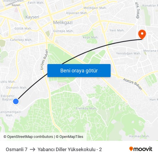 Osmanli 7 to Yabancı Diller Yüksekokulu - 2 map