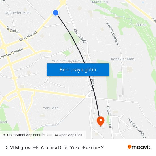 5 M Migros to Yabancı Diller Yüksekokulu - 2 map