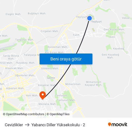 Cevizlikler to Yabancı Diller Yüksekokulu - 2 map