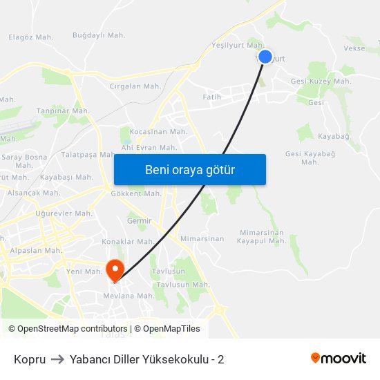 Kopru to Yabancı Diller Yüksekokulu - 2 map