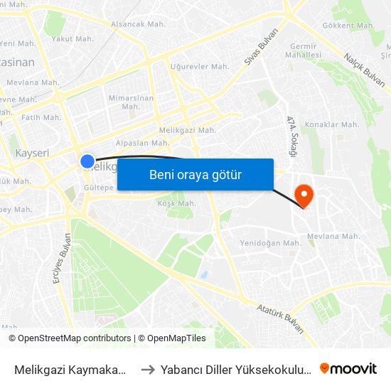 Melikgazi Kaymakamlik to Yabancı Diller Yüksekokulu - 2 map