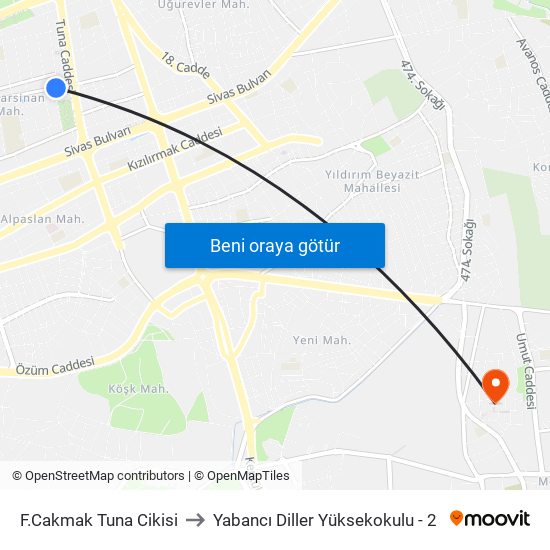 F.Cakmak Tuna Cikisi to Yabancı Diller Yüksekokulu - 2 map