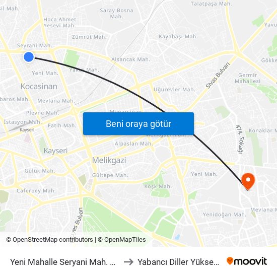 Yeni Mahalle Seryani Mah. Narince Sok to Yabancı Diller Yüksekokulu - 2 map