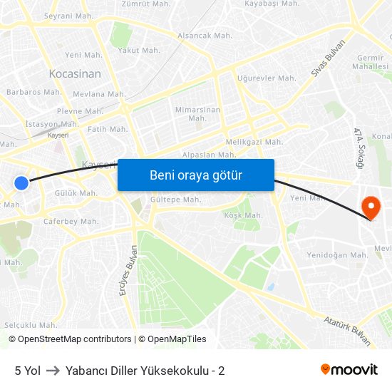 5 Yol to Yabancı Diller Yüksekokulu - 2 map