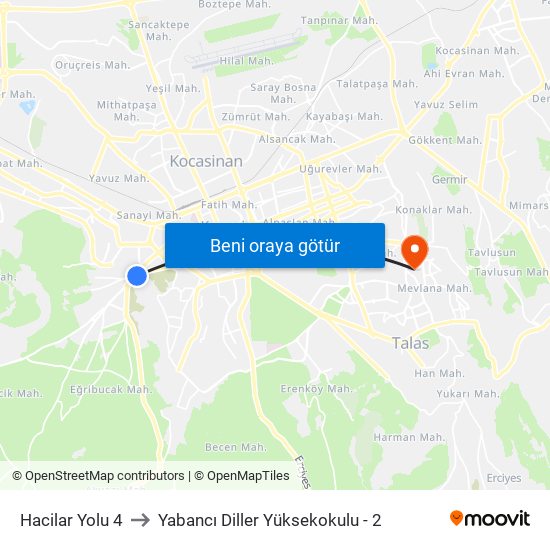 Hacilar Yolu 4 to Yabancı Diller Yüksekokulu - 2 map