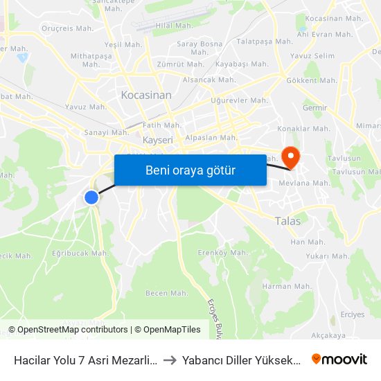 Hacilar Yolu 7 Asri Mezarlik 4. Kapi to Yabancı Diller Yüksekokulu - 2 map