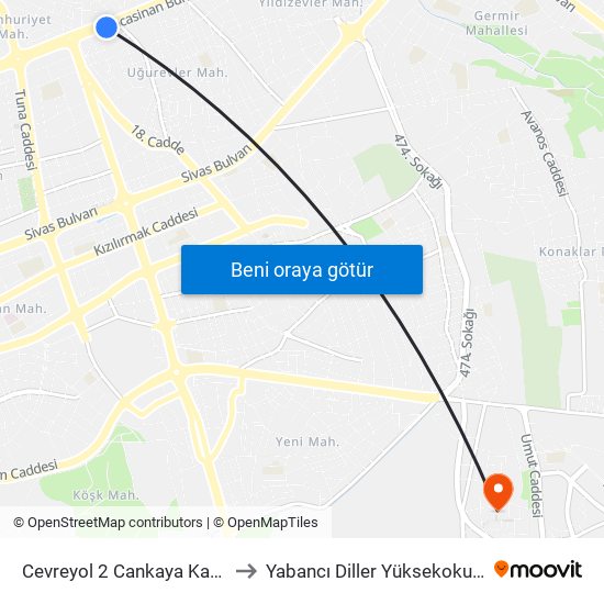 Cevreyol 2 Cankaya Kahvesi to Yabancı Diller Yüksekokulu - 2 map