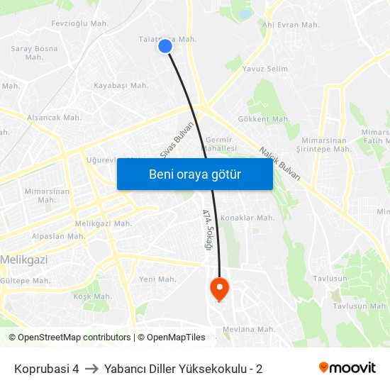 Koprubasi 4 to Yabancı Diller Yüksekokulu - 2 map