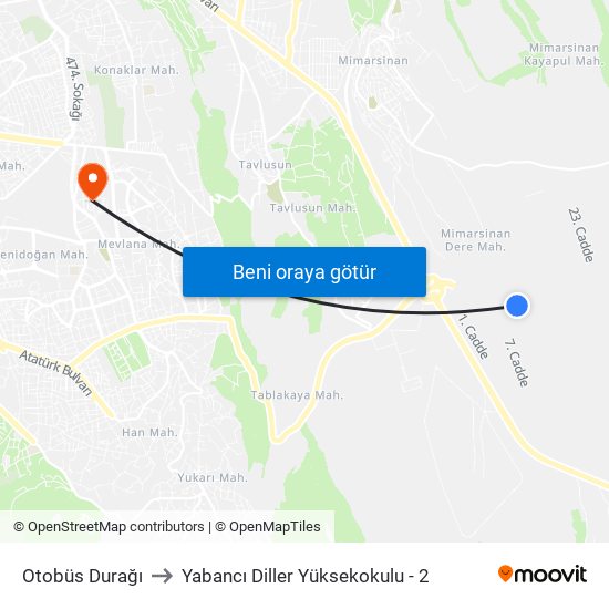 Otobüs Durağı to Yabancı Diller Yüksekokulu - 2 map