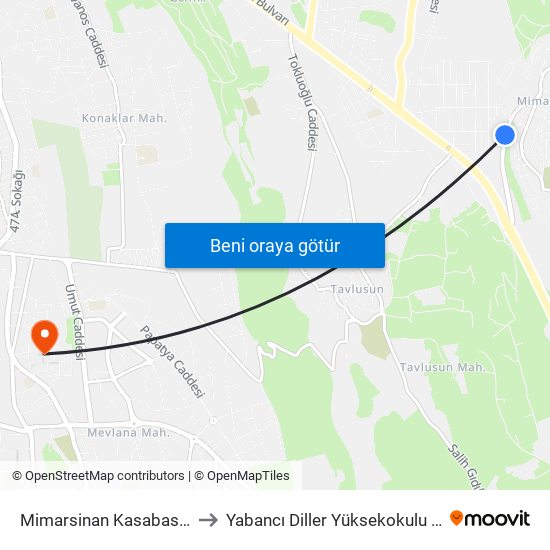 Mimarsinan Kasabasi 1 to Yabancı Diller Yüksekokulu - 2 map