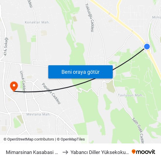 Mimarsinan Kasabasi Cikisi to Yabancı Diller Yüksekokulu - 2 map