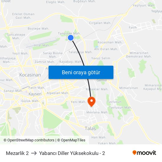 Mezarlik 2 to Yabancı Diller Yüksekokulu - 2 map