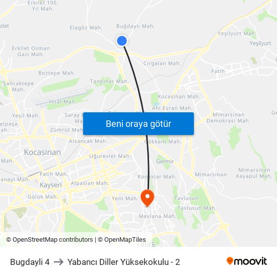 Bugdayli 4 to Yabancı Diller Yüksekokulu - 2 map